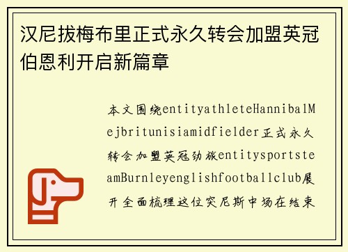 汉尼拔梅布里正式永久转会加盟英冠伯恩利开启新篇章