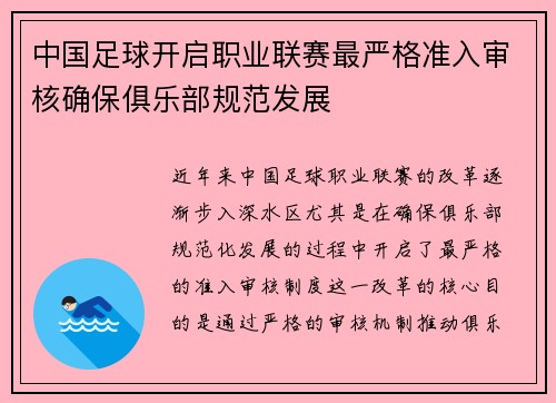中国足球开启职业联赛最严格准入审核确保俱乐部规范发展